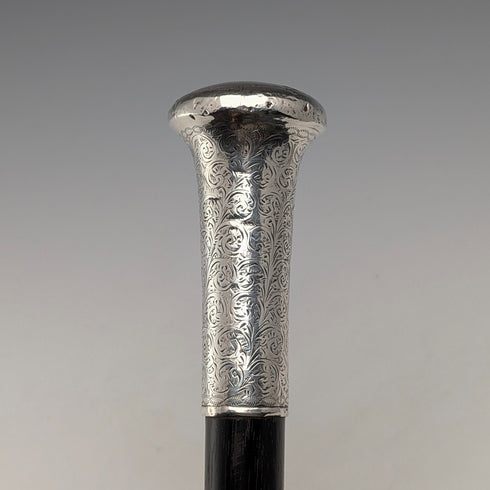 1906年 英国アンティーク 黒軸 純銀製 丸ハンドル ステッキ 杖 90cm W H Carrington